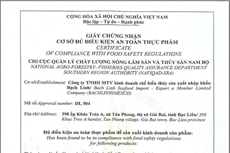 Giấy chứng nhận cơ sở đủ điều kiện an toàn thực phẩm Công Ty Bạch Linh