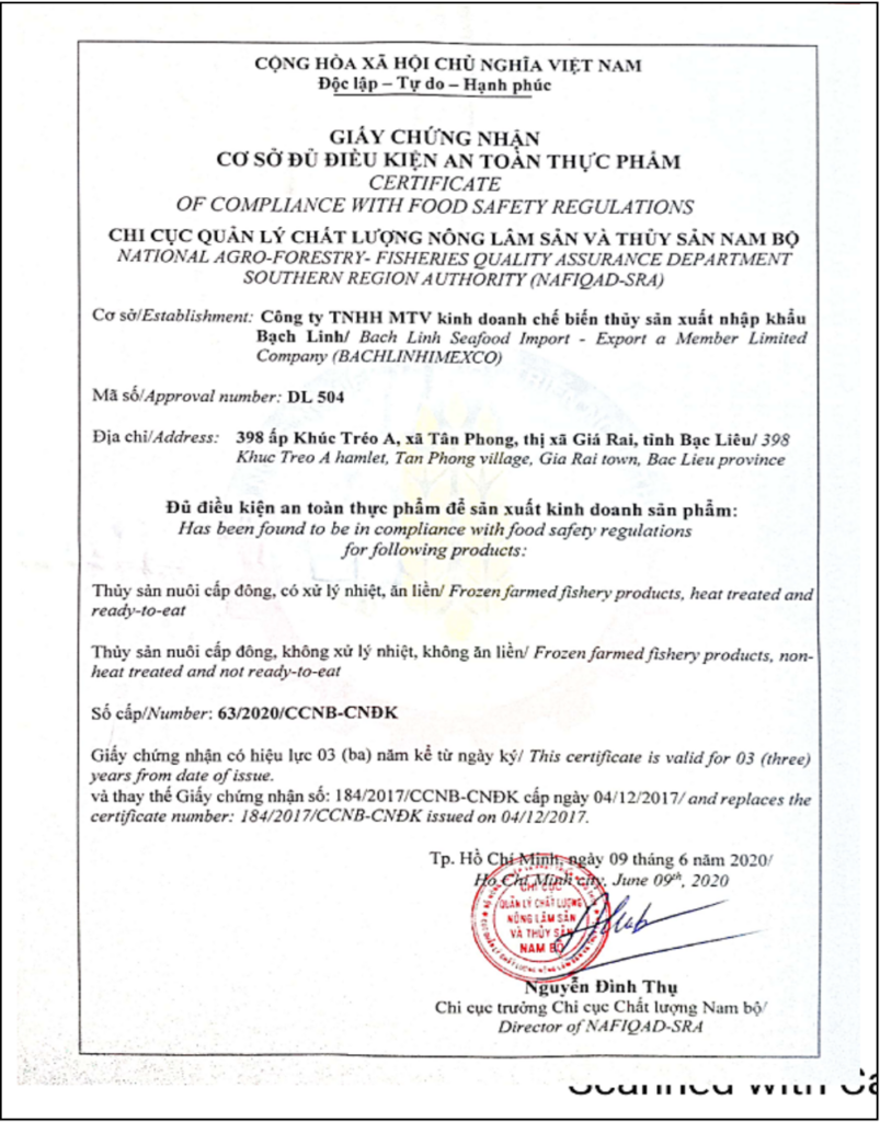 Giấy chứng nhận cơ sở đủ điều kiện an toàn thực phẩm Công Ty Bạch Linh