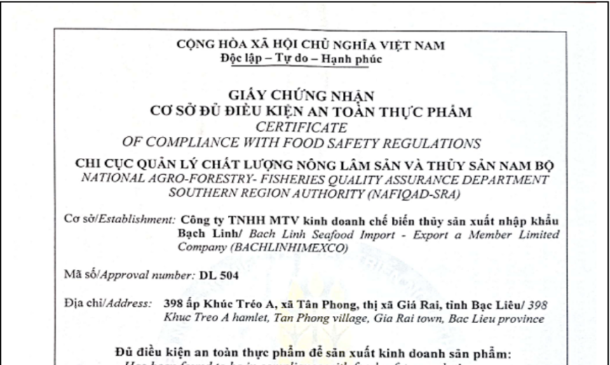 Giấy chứng nhận cơ sở đủ điều kiện an toàn thực phẩm Công Ty Bạch Linh