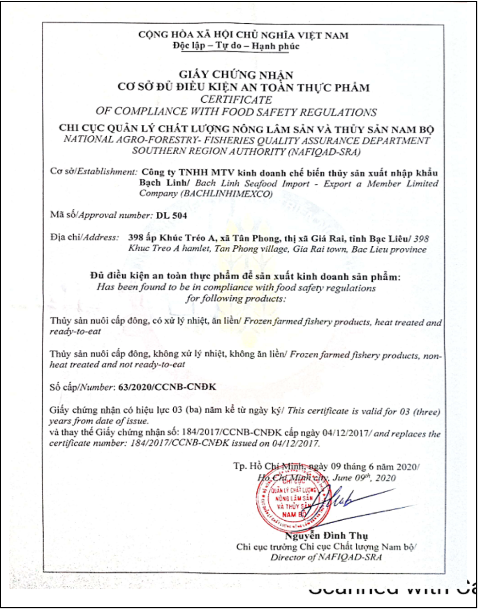 Giấy chứng nhận cơ sở đủ điều kiện an toàn thực phẩm Công Ty Bạch Linh